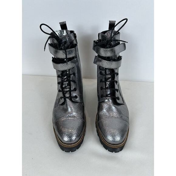 Shellys London Bootie 39 Silver Metallic Distressed Leather‎ Combat Boots Womens - Picture 2 of 11